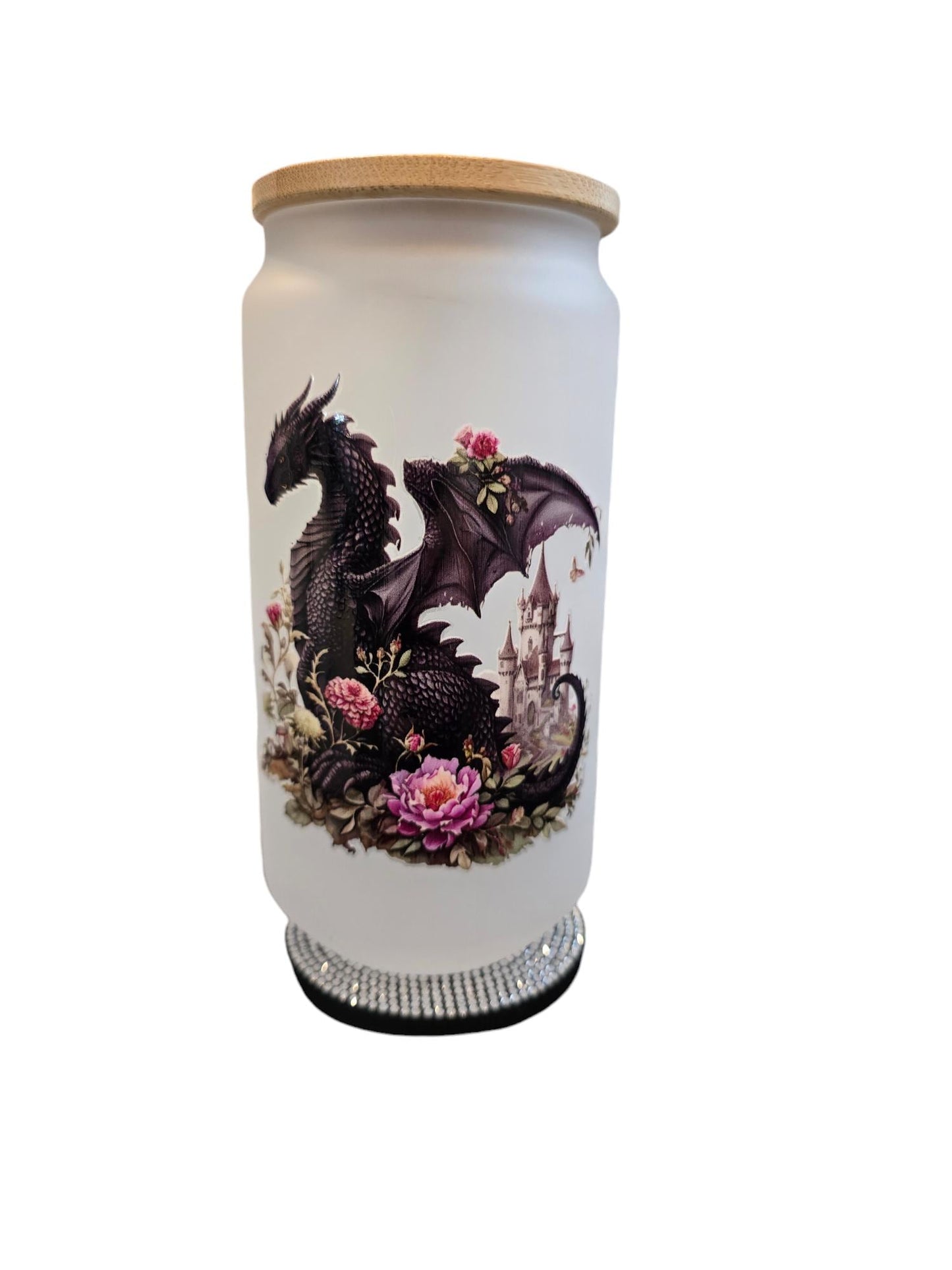 Enchanted Dragon & Floral Tumbler with Bamboo Lid - Rhinestone-Studded Base